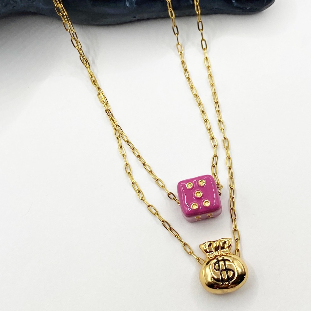 NEW Gold Money Bag & Pink Dice Layered Necklace - Picture 12 of 12